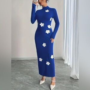 SHEIN Royal Blue Maxi Dress with White Floral Appliques